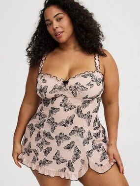 Dusty Pink Butterfly-Print Chemise with Ruffle Trim